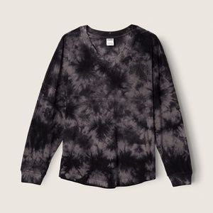 Victoria's Secret PINK Varsity Beach Terry V Neck Top Black Cloudy Tie Dye Small